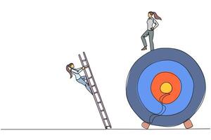 Continuous one line drawing businesswoman kicks colleague who climbs the target arrow board with ladder. The metaphor of getting rid of business destroyers. Single line draw design illustration vector
