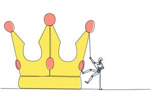 Continuous one line drawing the robot climbing crown with rope. Prepare for a better life by working hard to achieve the highest position. The hard worker. Single line draw design illustration vector
