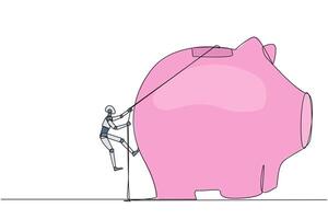 Single continuous line drawing smart robot climbing piggy bank with the rope. Entrepreneur working hard to make investments preparing for retirement. Smart worker. One line design illustration vector