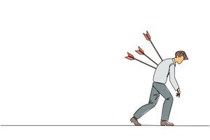 Continuous one line drawing businessman standing and several arrows stuck in the back. Attacked from behind. Destroyed and helpless. Fake partner. Traitor. Single line draw design illustration vector