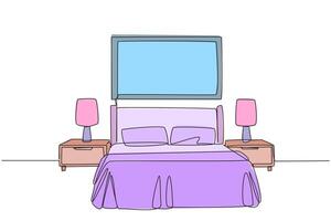 Continuous one line drawing stylish room with full furniture modern. A room layout resembling a hotel with a spring bed flanked by two drawers. Staycation. Single line draw design illustration vector