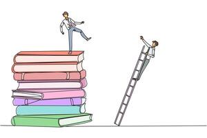 Single one line drawing businessman kicks opponent who is climbing a pile of books with a ladder. Failed to gain access to profitable business principles. Continuous line design graphic illustration vector
