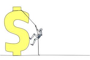 Continuous one line drawing smart robot climbs dollar symbol. Metaphor looking for extra money because of high needs. Smart work combined with hard work. Single line draw design illustration vector