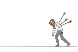 Single one line drawing businesswoman standing and several arrows stuck in the back. Attacked from behind. Destroyed and helpless. Fake partner. Traitor. Continuous line design graphic illustration vector