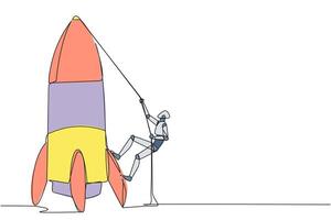 Continuous one line drawing smart robot climbs rocket with rope. Set the intention to open a new branch. Work hard to expand the business. Smart hard work. Single line draw design illustration vector