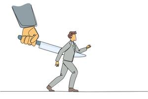 Single continuous line drawing businessman stabbed in the back by a large knife. Cheated to ruin by a business partner. An enemy disguised as a friend. The traitor. One line design illustration vector