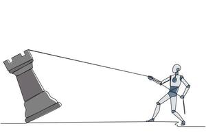 Single one line drawing smart robot future technology pulling big rook chess with rope. Business achievement goal, strategy, competitive, strategic concept. Continuous line design graphic illustration vector