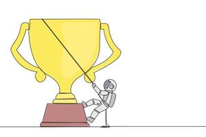 Single continuous line drawing young astronaut climbing the trophy with rope. Expanding branding by winning many awards. Connecting relationships. Smart work hard. One line design illustration vector