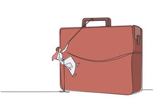Continuous one line drawing Arab businessman climbs briefcase with rope. Metaphor for building business from scratch. Growing and having many relationships. Single line draw design illustration vector