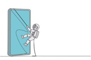 Single one line drawing astronaut climbing smartphone with rope. Improve business relationships. Massively contact old friends. Connected to each other. Continuous line design graphic illustration vector