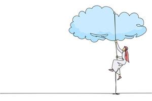 Continuous one line drawing Arab businessman climbing clouds with rope. A metaphor for hanging dreams sky high. Ultimate success. Hard worker. Work smarter. Single line draw design illustration vector