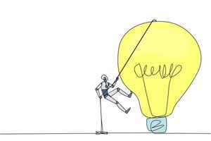 Single one line drawing smart robot climbing lightbulb with the rope. Trying to reach high places to get useful fresh ideas. For the company's benefit. Continuous line design graphic illustration vector