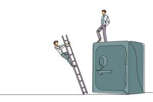 Continuous one line drawing businessman kicks opponent who is climbs safe deposit box with ladder. Dropped roughly. Unable to save important files. Rival. Single line draw design illustration vector