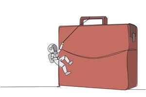 Single continuous line drawing young astronaut climbs briefcase with rope. A metaphor for building a business from scratch. Growing and having many relationships. One line design illustration vector