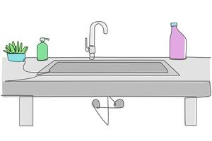 Single one line drawing a minimalist dishwashing place that is clean from dirty plates used from breakfast. Cleanliness make it more elegant. Hygienic. Continuous line design graphic illustration vector