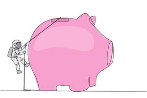 Continuous one line drawing astronaut climbing piggy bank with rope. Entrepreneur working hard to make investments preparing for retirement. Smart worker. Single line draw design illustration vector