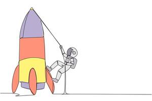 Single one line drawing young astronaut climbs rocket with rope. Set the intention to open a new branch. Work hard to expand the business. Smart hard work. Continuous line design graphic illustration vector
