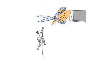 Single continuous line drawing businessman climbing rope. Metaphor of struggling to advance business. Business failed to develop. Sabotaged by business friends. One line design illustration vector