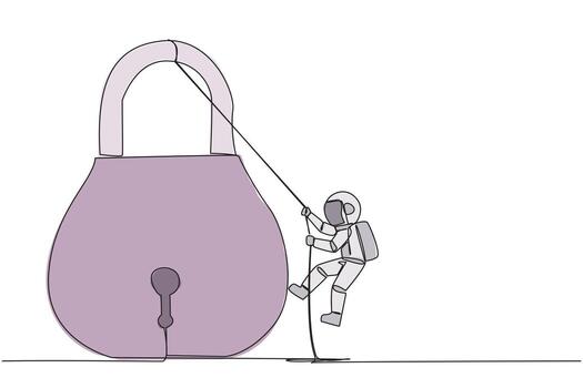 Single continuous line drawing astronaut climbing padlock with rope. Do the best to privatize the business. Sole owner. The result of smart hard work. Satisfied. One line design illustration vector