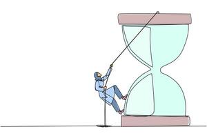 Single one line drawing Arab businesswoman climbs hourglass with rope. Countdown is set. Deadline is coming soon. Time management must be good. Work smart. Continuous line design graphic illustration vector