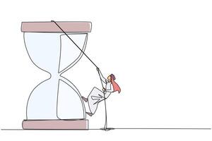 Single continuous line drawing Arab businessman climbs hourglass with rope. The countdown is set. Deadline is coming soon. Time management must be good. Work smart. One line design illustration vector