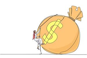 Single continuous line drawing Arabian businessman climbing money bag with rope. Work harder to get very large retirement fund. Bring out abilities to the maximum. One line design illustration vector