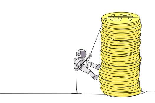 Continuous one line drawing astronaut climbs stack of coins with rope. The entrepreneur trying hard climbing the rope to reach top of coins. Better future. Single line draw design illustration vector