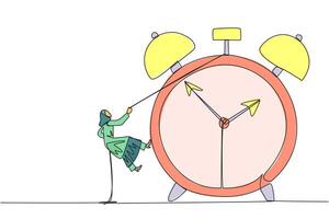 Single one line drawing Arab businesswoman climbs alarm clock with rope. Work carefully to complete each task. Work perfectly without any errors. Work hard. Continuous line design graphic illustration vector