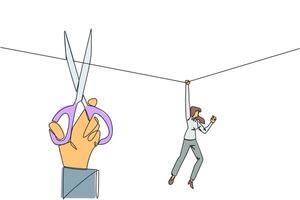 Single one line drawing businesswoman hanging from rope. A big hand that want to cut the rope. Maintaining a nearly useless business. Thwarted by traitors. Continuous line design graphic illustration vector