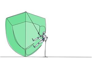 Single one line drawing smart robot climbs shield with rope. Working to help clients secure servers from virus attacks. Check each layer. Smart work hard. Continuous line design graphic illustration vector