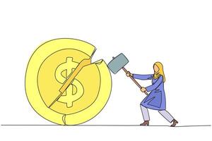 Continuous one line drawing Arab businesswoman preparing to hit coin with dollar symbol. Failed to get new investor. Failed to get income. Expressing anger. Single line draw design illustration vector