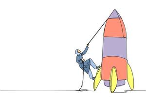 Single continuous line drawing Arab businesswoman climbs rocket with rope. Set the intention to open new branch. Work hard to expand the business. Smart hard work. One line design illustration vector