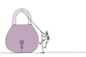 Single one line drawing smart robot climbing padlock with rope. Do the best to privatize the business. Sole owner. The result of smart hard work. Satisfied. Continuous line design graphic illustration vector