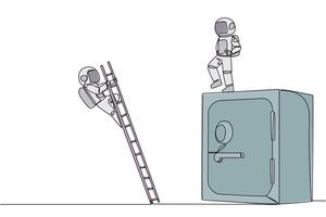 Continuous one line drawing astronaut kicks opponent who is climbs safe deposit box with ladder. Dropped roughly. Unable to save important files. The rival. Single line draw design illustration vector
