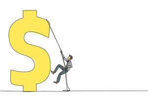 Continuous one line drawing businessman climbs dollar symbol. Metaphor looking for extra money because of high needs. Smart work combined with hard work. Single line draw design illustration vector