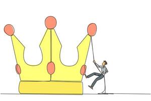 Single continuous line drawing businessman climbing crown with rope. Prepare for a better life by working hard to achieve the highest position. The hard worker. One line design illustration vector