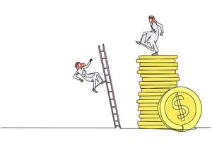 Single continuous line drawing Arab businessman kicks opponent who climbs a pile of coins with a ladder. Greed for wealth. Forgetting comrades in arms. The traitor. One line design illustration vector