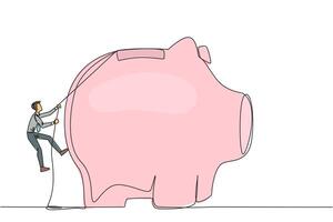 Single one line drawing businessman climbing piggy bank with rope. Entrepreneur working hard to make investments preparing for retirement. Smart worker. Continuous line design graphic illustration vector
