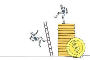 Continuous one line drawing the robot kicks opponent who climbing a pile of coins with a ladder. Greed for wealth. Forgetting comrades in arms. The traitor. Single line draw design illustration vector