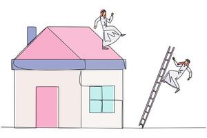Single one line drawing Arab businessman kicks rival who climbs miniature house with stairs. Metaphor of fraud committed by house developers. Bad business. Continuous line design graphic illustration vector
