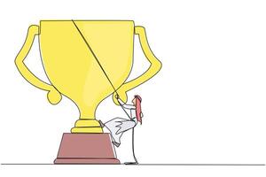 Single continuous line drawing Arabian businessman climbs the trophy with rope. Expanding branding by winning many awards. Connecting relationships. Mutual benefit. One line design illustration vector