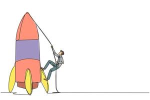 Single one line drawing businessman climbs rocket with rope. Set the intention to open a new branch. Work hard to expand the business. Smart hard work. Continuous line design graphic illustration vector