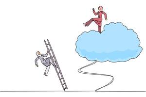 Single continuous line drawing Arabian businesswoman kicks rival who climbs cloud with ladder. Perfect achievement in business. Bring down competitors in any way. One line design illustration vector