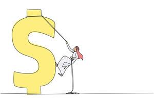 Single continuous line drawing Arabian businessman climbs dollar symbol. Metaphor looking for extra money because of high needs. Smart work combined with hard work. One line design illustration vector