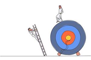 Single continuous line drawing Arab businessman kicks colleague who climbs the target arrow board with a ladder. The metaphor of getting rid of business destroyers. One line design illustration vector