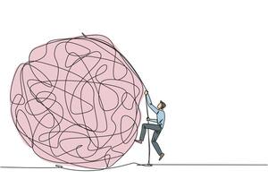 Single continuous line drawing businessman climbs heavy mess circle with the rope. Trying to lay anxiety at the feet. For clarity of thought. Smart work hard. One line design illustration vector