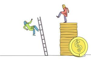 Single continuous line drawing Arab businesswoman kicks opponent who climbs a pile of coins with a ladder. Greed for wealth. Forgetting comrades in arms. Traitor. One line design illustration vector