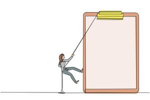 Single continuous line drawing businesswoman climbing the clipboard with rope. Extra effort to work on reports optimally. The final report is awaited. Work hard. One line design illustration vector