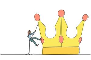 Single continuous line drawing businesswoman climbing crown with rope. Prepare for a better life by working hard to achieve the highest position. The hard worker. One line design illustration vector