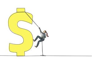 Continuous one line drawing businesswoman climbs dollar symbol. Metaphor looking for extra money because of high needs. Smart work combined with hard work. Single line draw design illustration vector
